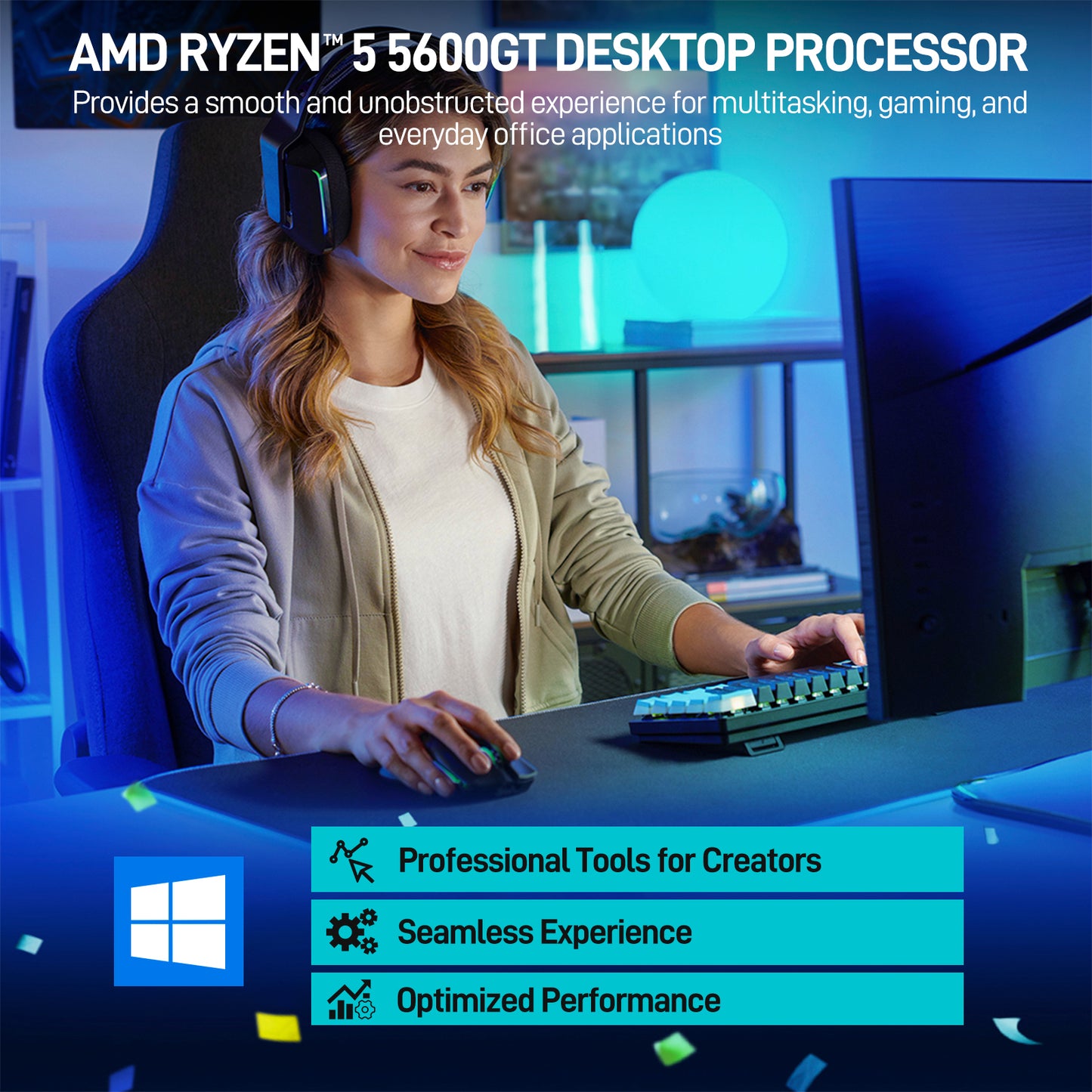 LXZ Gaming PC Desktop,AMD Ryzen 5 5600GT(6-Core,4.6GHz),16GB DDR4 3200MHz,1TB NVMe SSD,Supports WiFi 6,400W PSU,RGB Fans,Seaview-style PC case,Prebuilt Gaming PC Tower