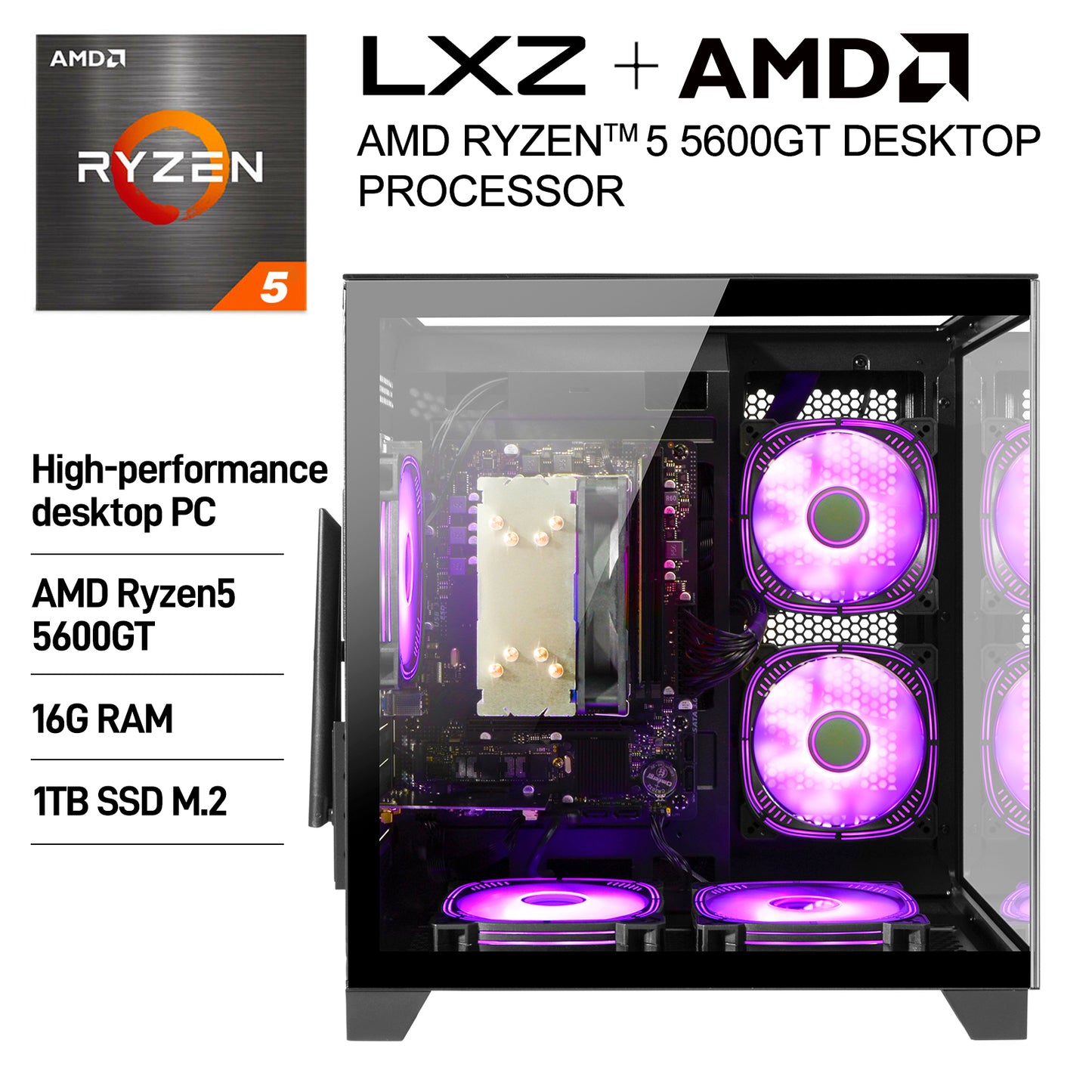 LXZ Gaming PC Desktop,AMD Ryzen 5 5600GT(6-Core,4.6GHz),16GB DDR4 3200MHz,1TB NVMe SSD,Supports WiFi 6,400W PSU,RGB Fans,Seaview-style PC case,Prebuilt Gaming PC Tower