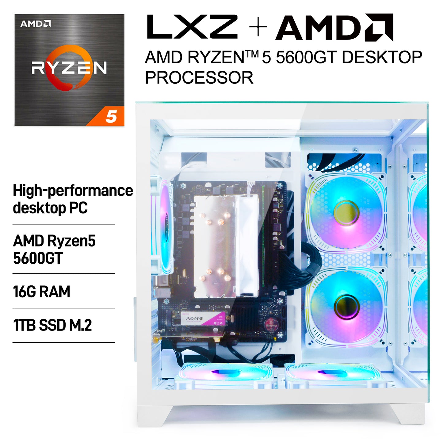 LXZ Gaming PC Desktop,AMD Ryzen 5 5600GT(6-Core,4.6GHz),16GB DDR4 3200MHz,1TB NVMe SSD,Supports WiFi 6,400W PSU,RGB Fans,Seaview-style PC case,Prebuilt Gaming PC Tower