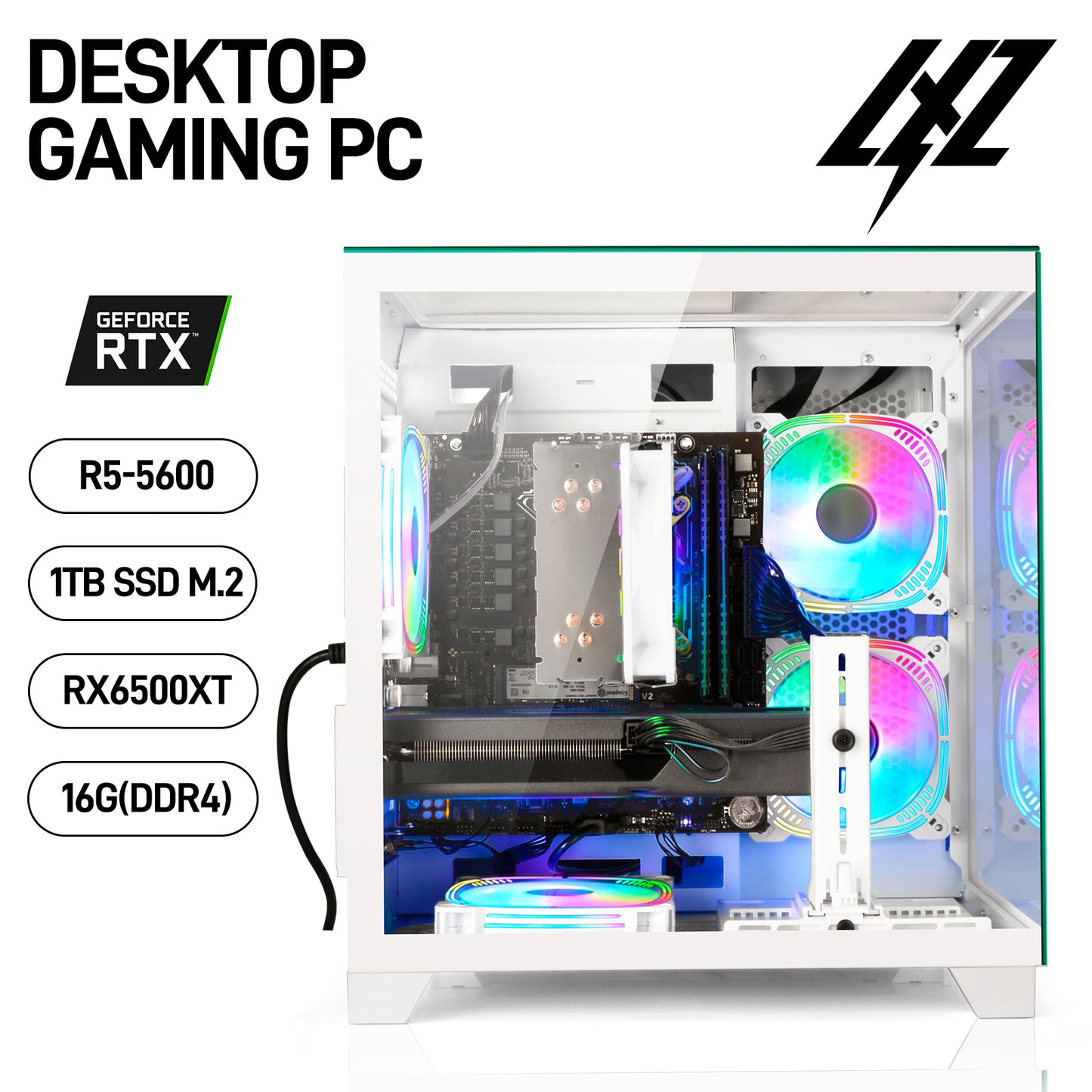 LXZ Gaming Desktop Computer PC,Powered by AMD Ryzen 5 5600(4.4 GHz Turbo),RX 6500XT 4GB Graphics,16GB DDR4 3200MHz,1TB NVMe SSD,Supports WiFi6,Seaview Case,Prebuilt Gaming PC Tower