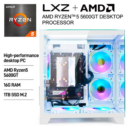 LXZ Gaming PC Desktop,AMD Ryzen 5 5600GT(6-Core,4.6GHz),16GB DDR4 3200MHz,1TB NVMe SSD,Supports WiFi 6,400W PSU,RGB Fans,Seaview-style PC case,Prebuilt Gaming PC Tower