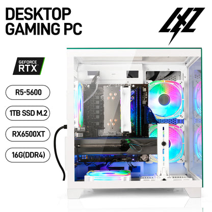LXZ Gaming Desktop Computer PC,Powered by AMD Ryzen 5 5600(4.4 GHz Turbo),RX 6500XT 4GB Graphics,16GB DDR4 3200MHz,1TB NVMe SSD,Supports WiFi6,Seaview Case,Prebuilt Gaming PC Tower