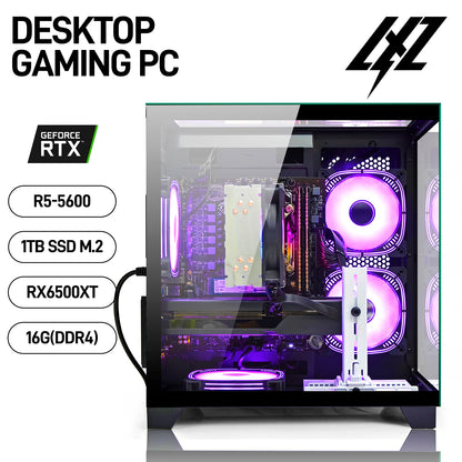 LXZ Gaming Desktop Computer PC,Powered by AMD Ryzen 5 5600(4.4 GHz Turbo),RX 6500XT 4GB Graphics,16GB DDR4 3200MHz,1TB NVMe SSD,Supports WiFi6,Seaview Case,Prebuilt Gaming PC Tower